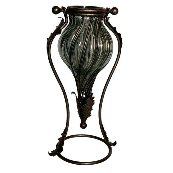 Amphora Vase Hand Blown Caged Green Glass Metal Leaves Stand 14.5" - Picture 1 of 16